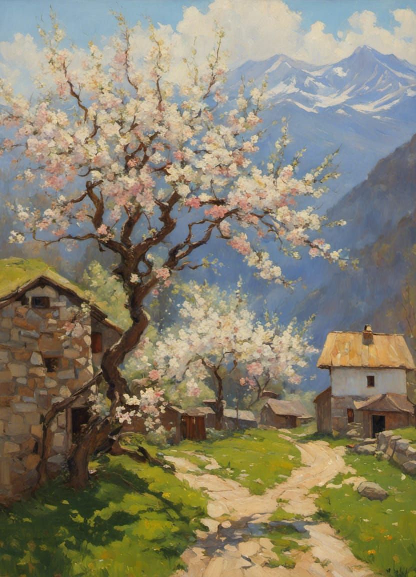 Mountain Village in Spring: An Oil Painting
