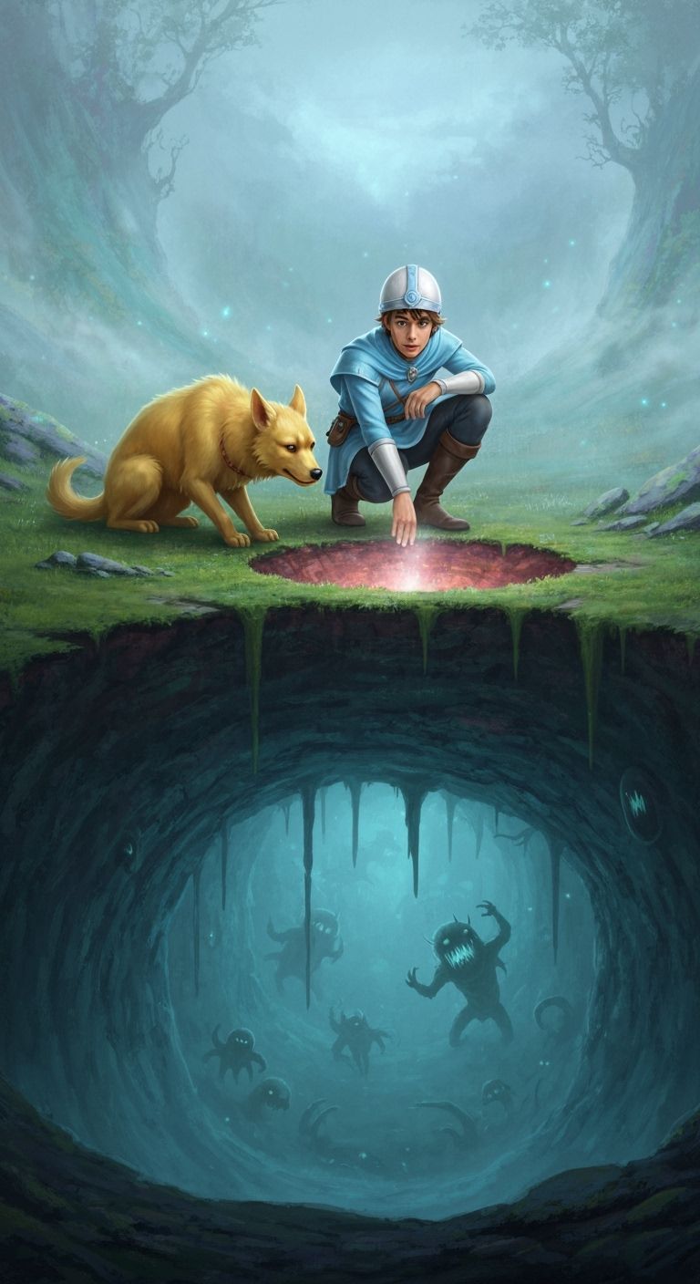 Ethereal Fantasy Scene with Adventurers Discovering Undergro...