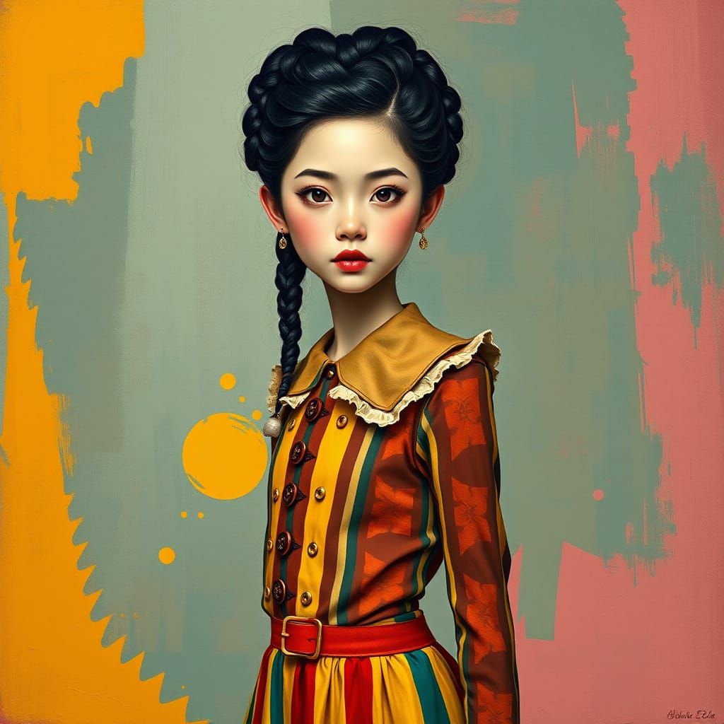 Ethereal Korean Beauty in Whimsical Clown Attire