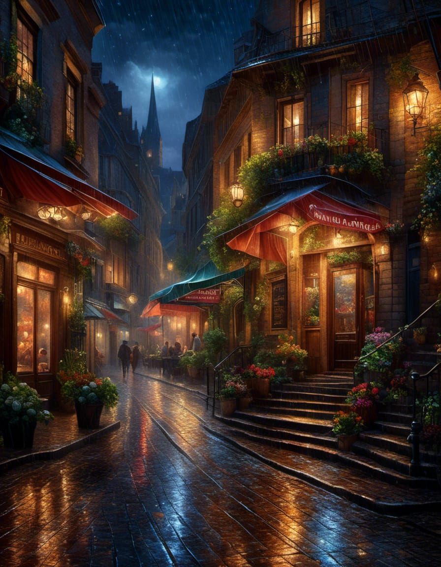 Starry Night: Wet Cobbled Streets in City