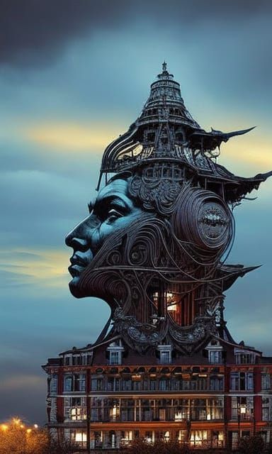 Surreal Giant Sculpture Head Under Night Sky