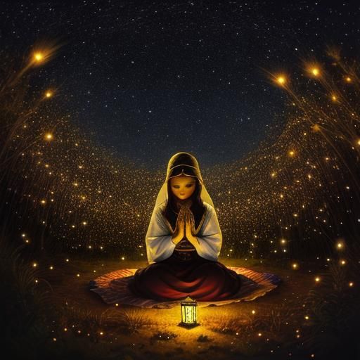 Girl Praying in Colorful Night with Fireflies