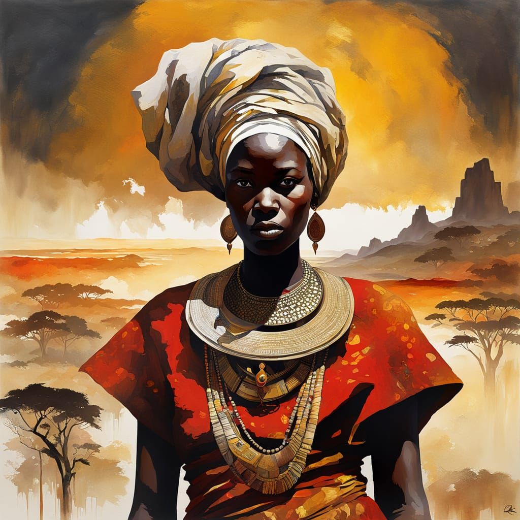 Surreal Modern African Goddess in Kanga Robe with Occult Ele...