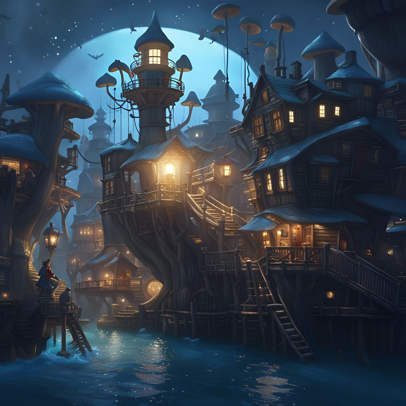 Cottagecore Shroom Treehouse City Harbor at Dusk