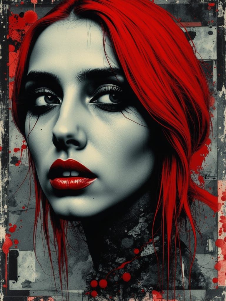 Neon Grunge Gothic Woman Portrait with Red Hair