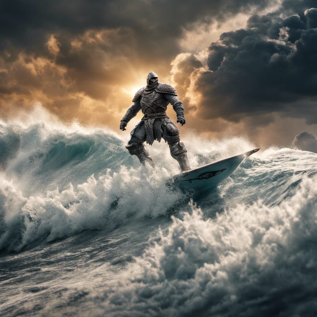 Mage Knight Surfing the Sky in Hyperrealistic Style