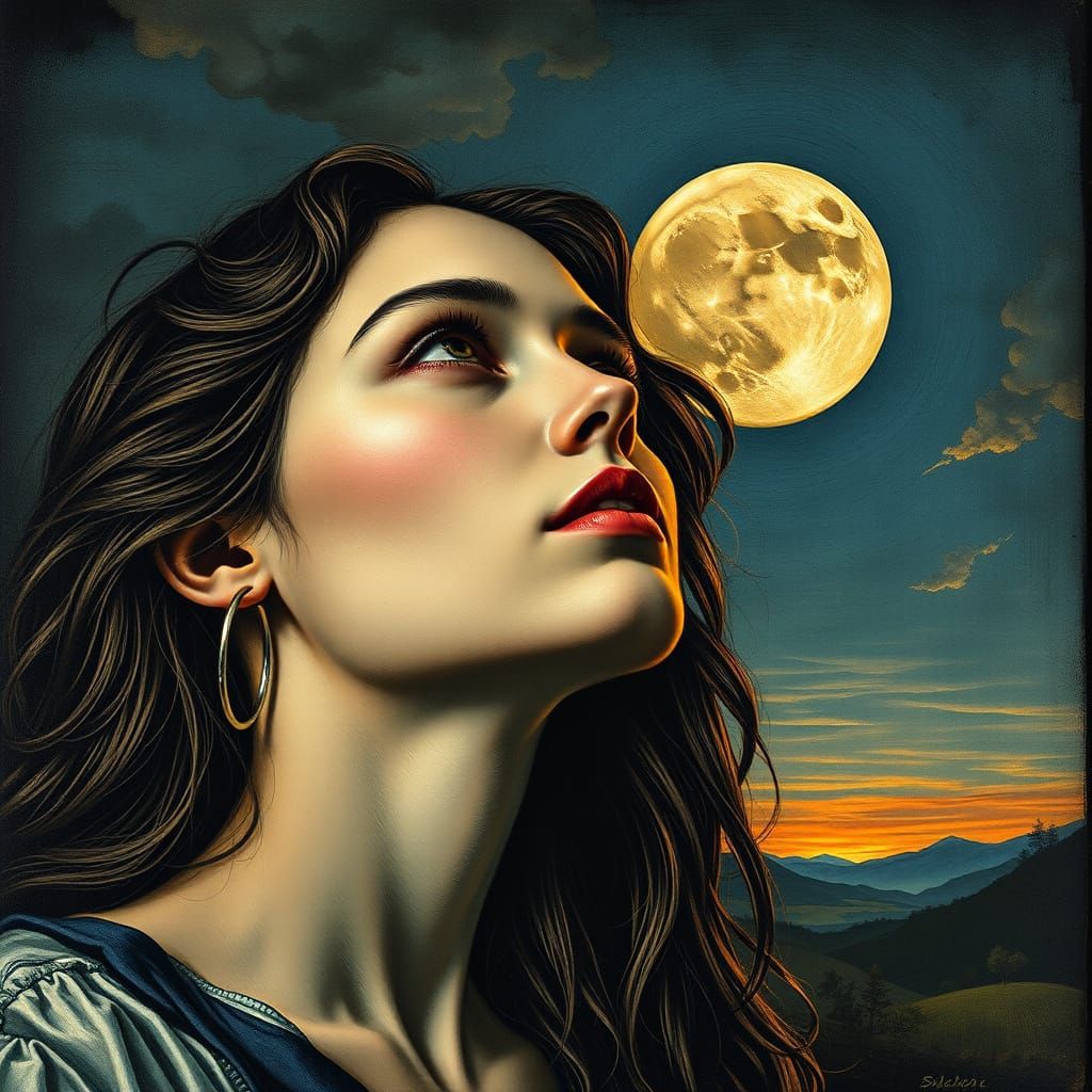 High Contrast Portrait of a Woman Gazing at the Moon in Intr...