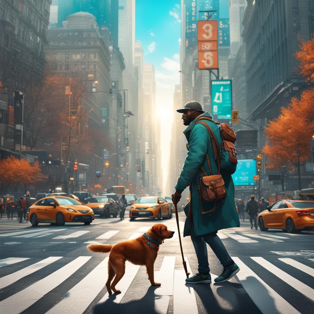 Blind Man Guided by Dog in New York