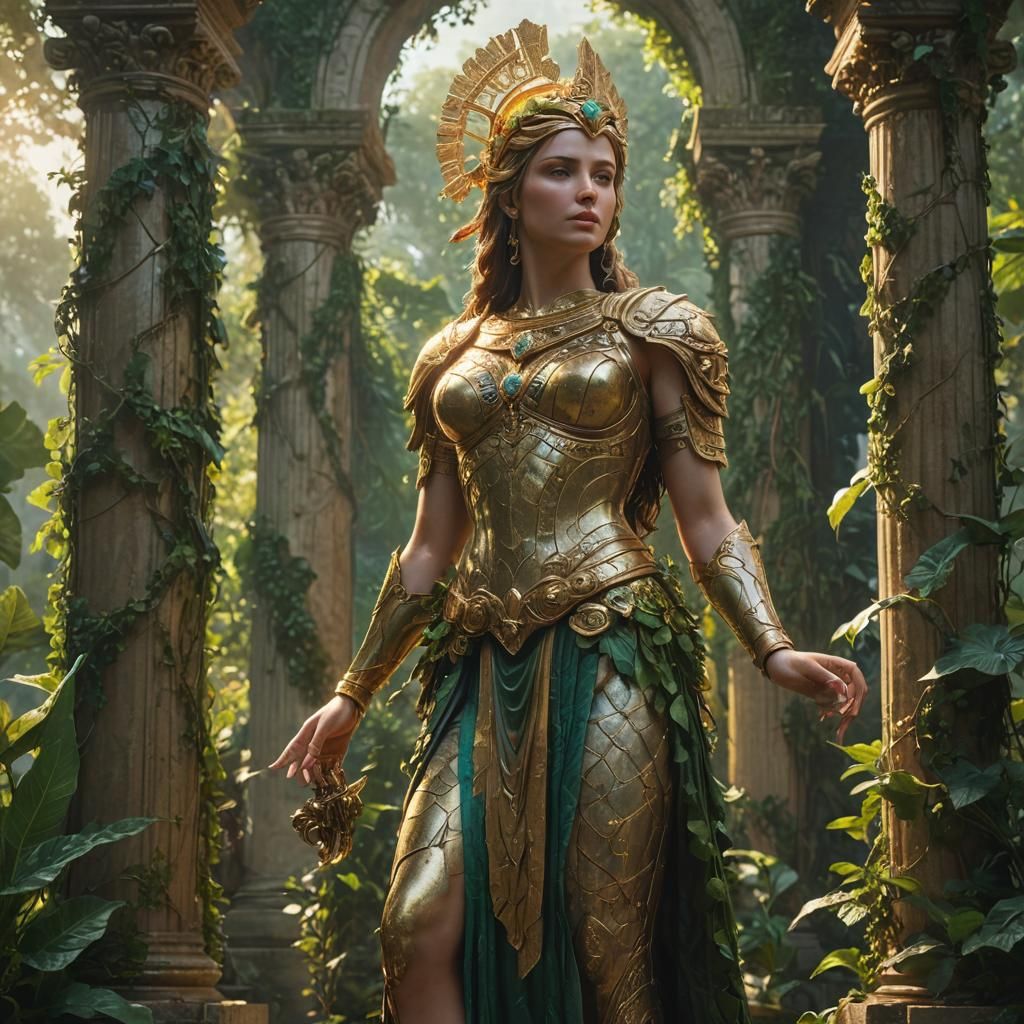 Majestic Tyche Statue in Mystical Temple, Oil Painting