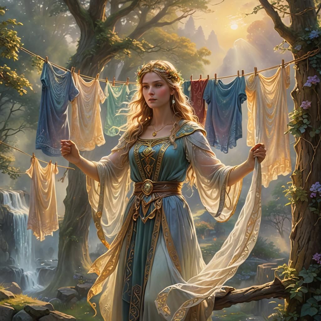 Freya's Laundry Day in Valhalla: Ethereal Fantasy Art