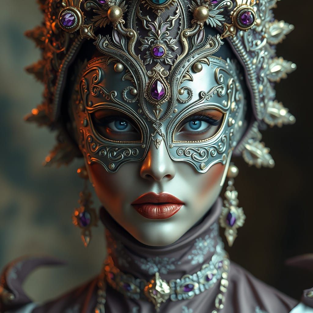 Luxurious Woman with Ornate Silver Sapphire Mask in Dreamy O...
