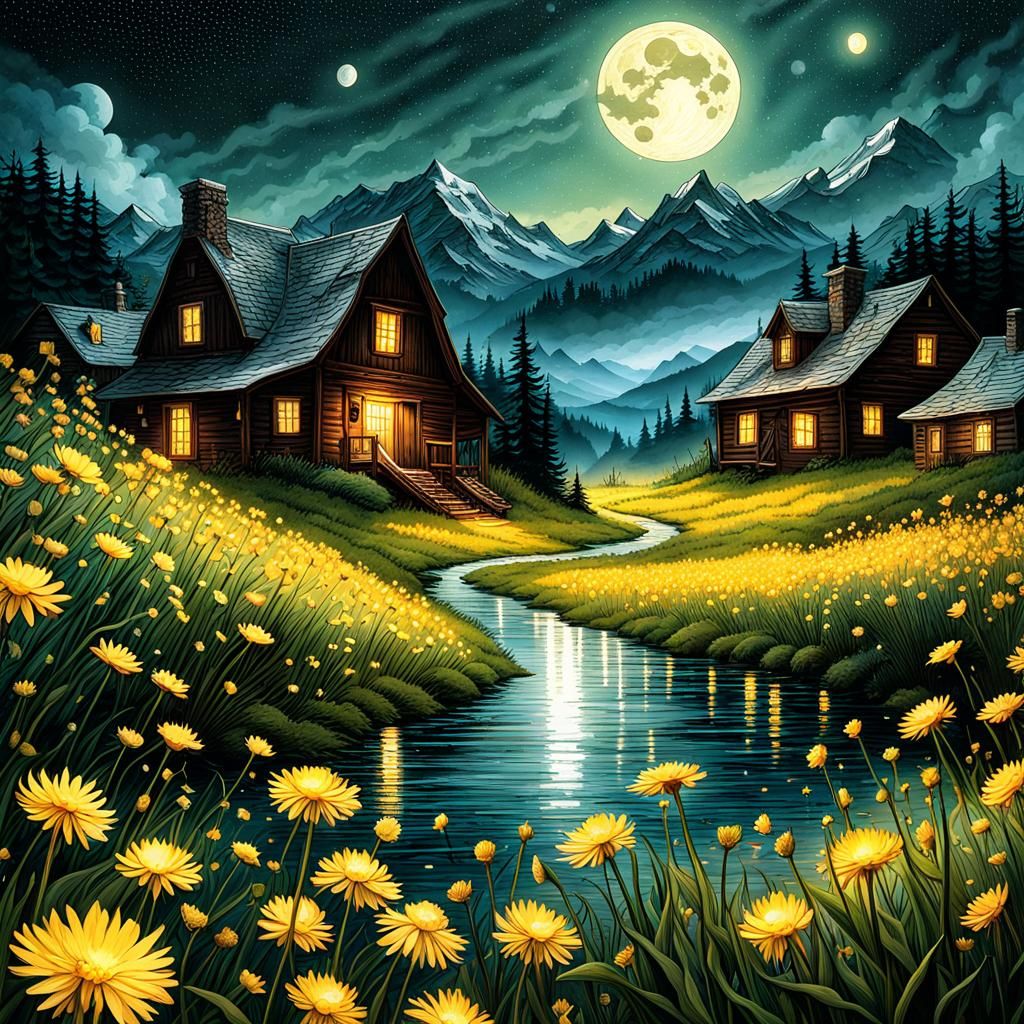 Farmhouse in Dandelion Field with Starry Night Sky