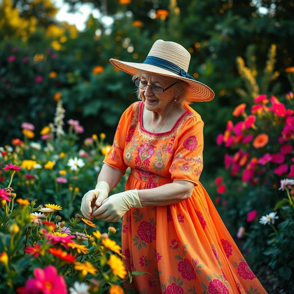 Elderly Woman Gardening in Impressionistic Style