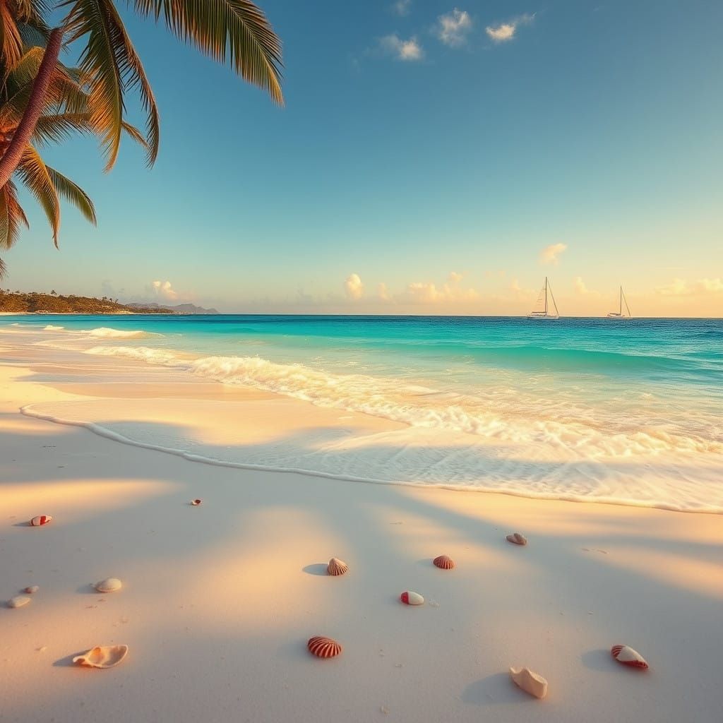 Vibrant Beach Scene with Gentle Waves and Golden Light