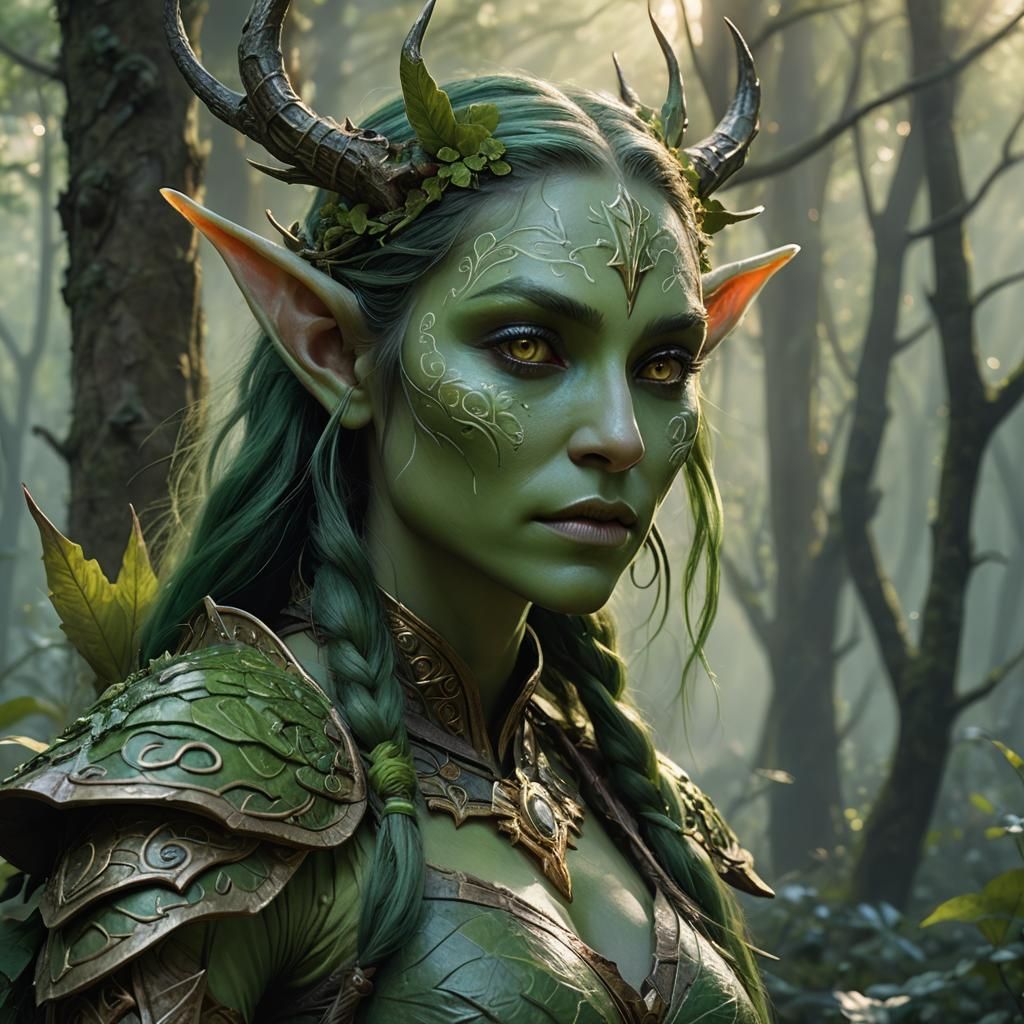 Green Elf Woman in Enchanted Forest