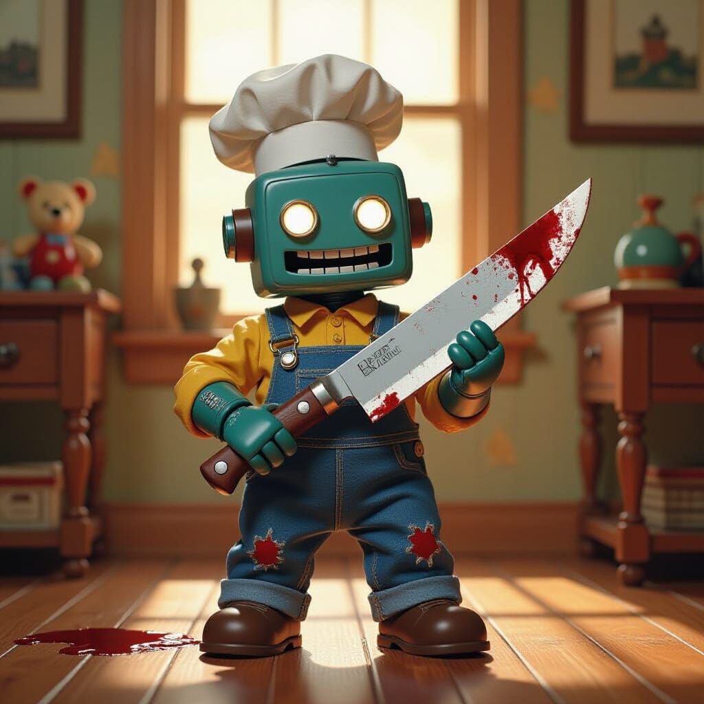 Playful Robot with Chef Knife in Nostalgic Room