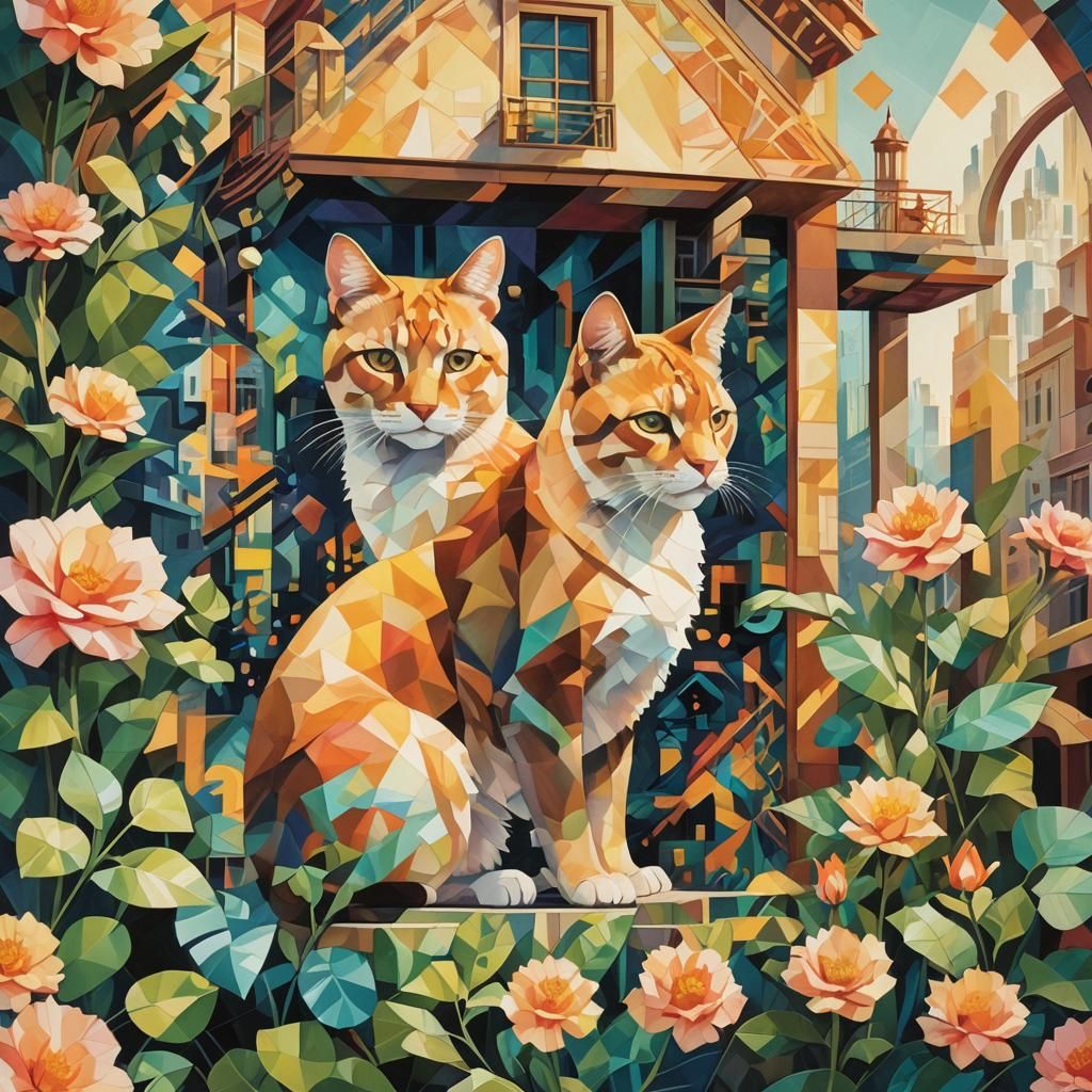 Geometric Cubism Art Deco Cityscape with Neon Glow