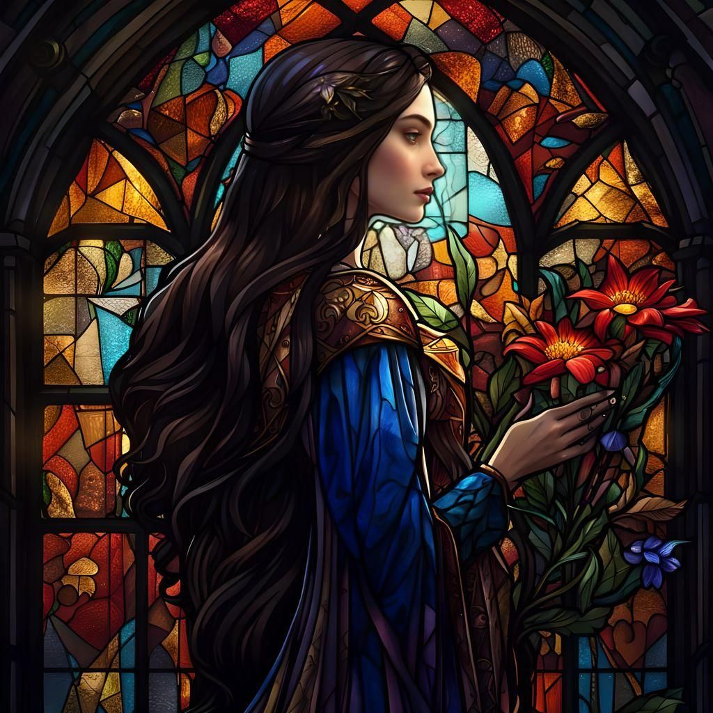 Medieval Lady with Star, Stained Glass Style