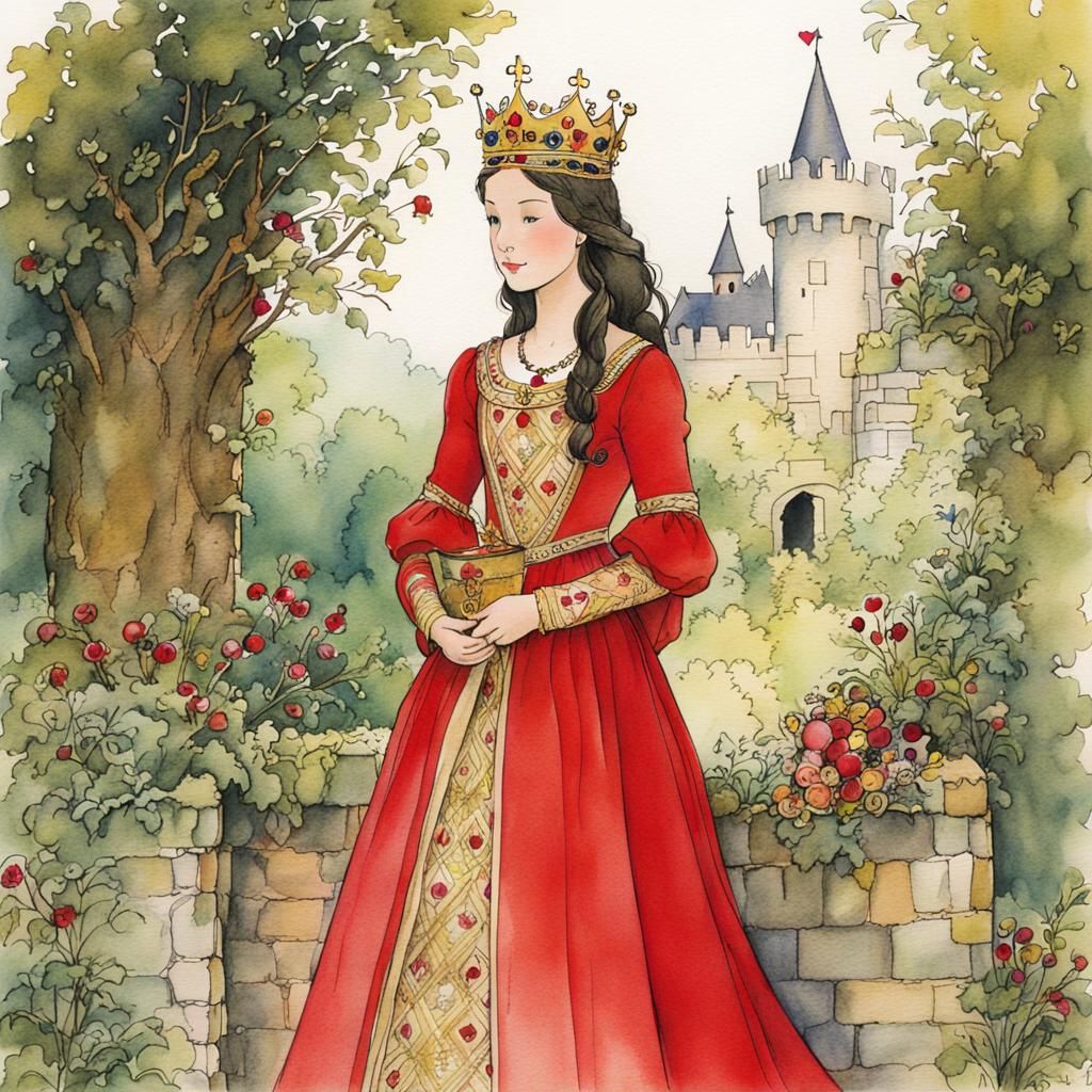 Medieval Maiden in Watercolor Storybook Illustration