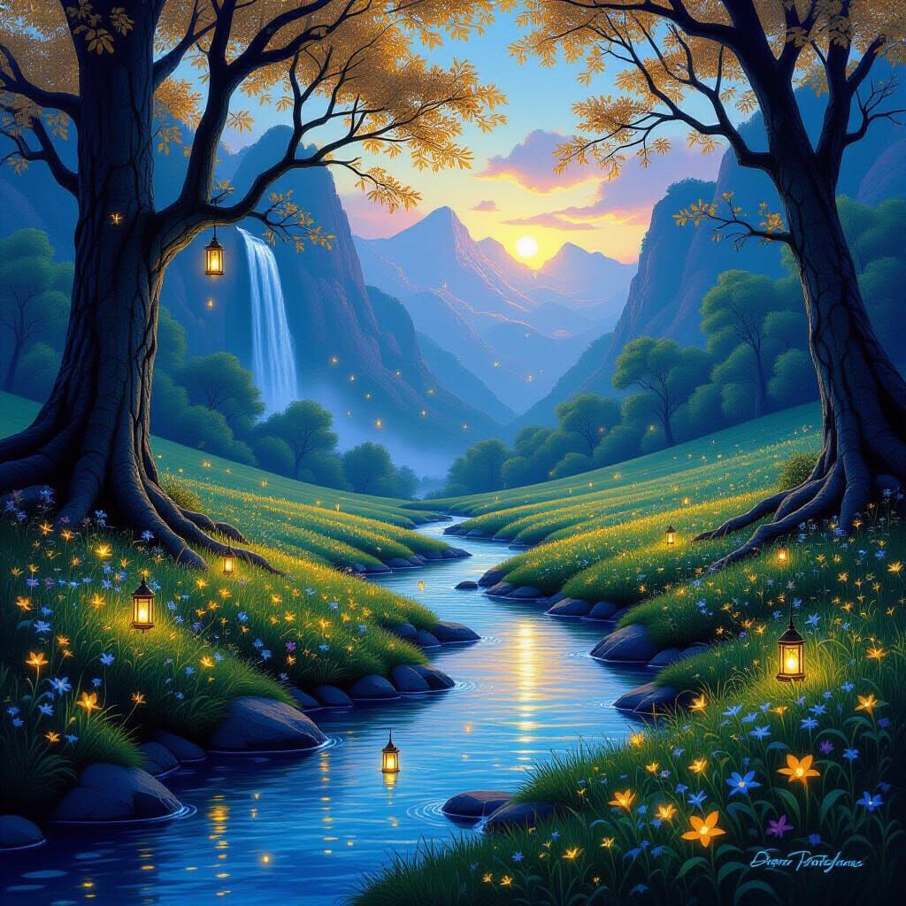 Enchanted Valley at Twilight with Luminous Flowers
