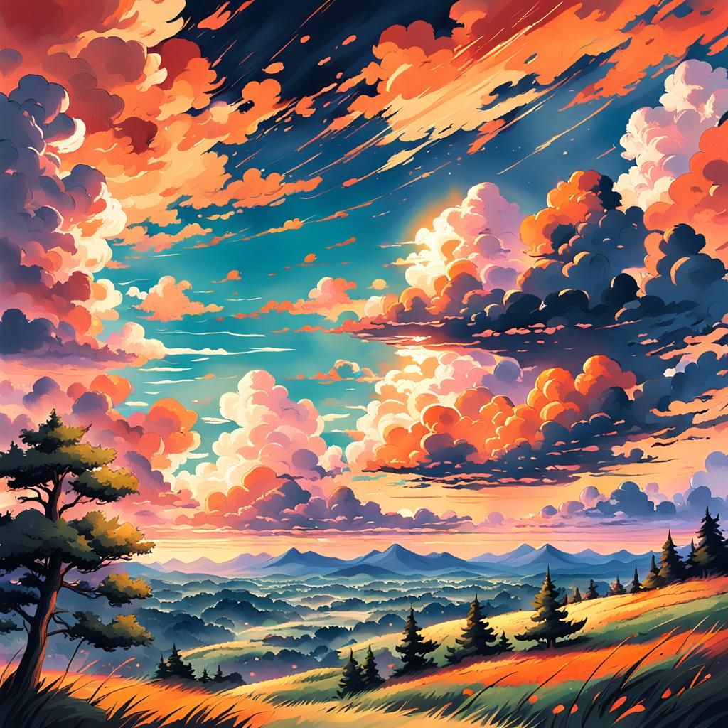 Vibrant Anime Sunset with Fluffy Clouds