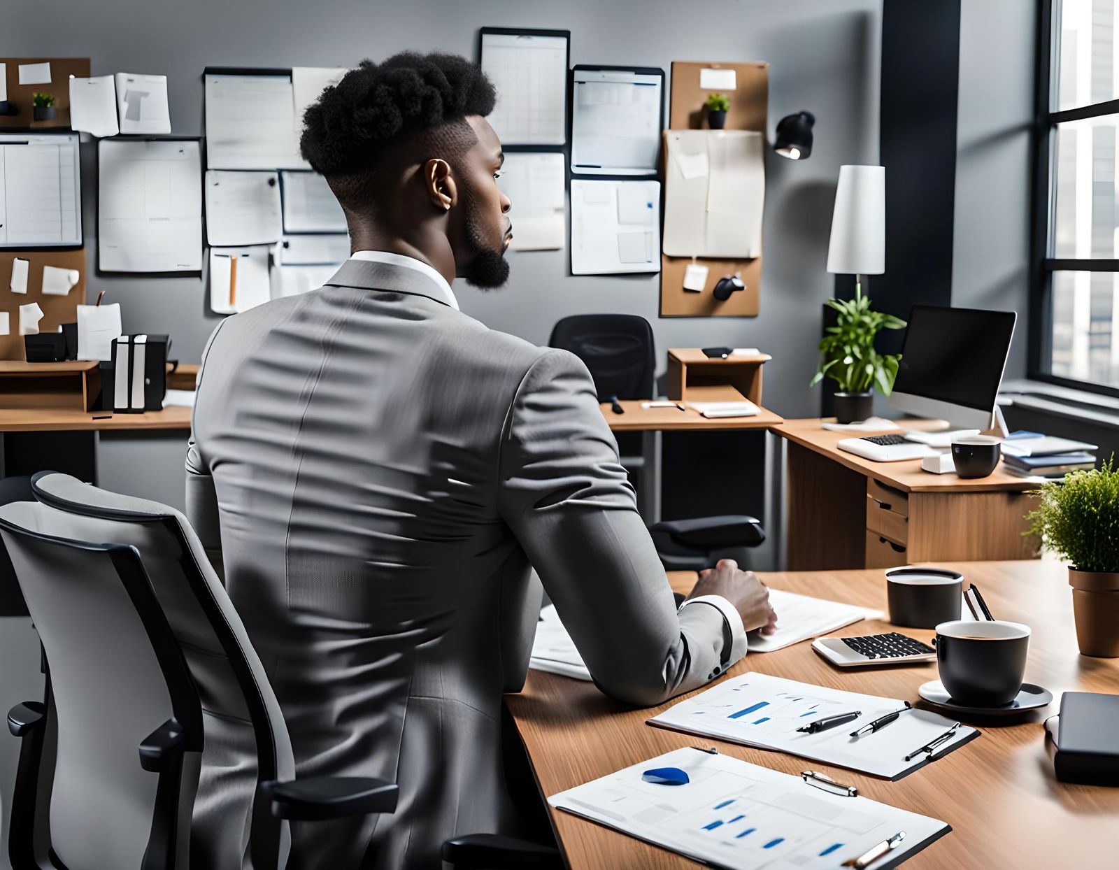 Bi-Racial Trader at Office Table, Back View