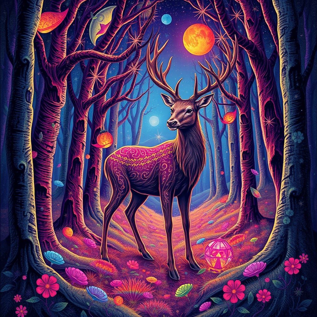 Mystic Deer Surrounded by Mandelbrot Patterns
