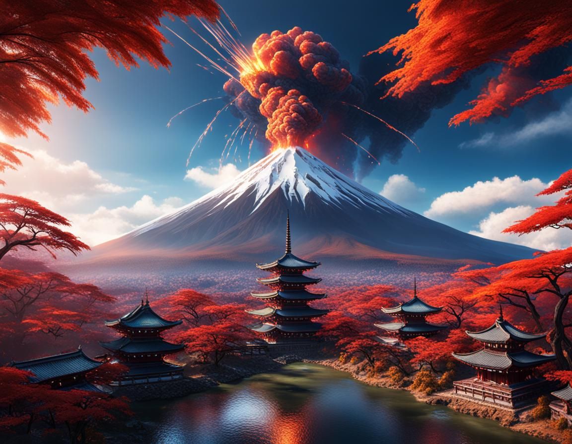 Erupting Fuji Volcano on Vintage Postcard