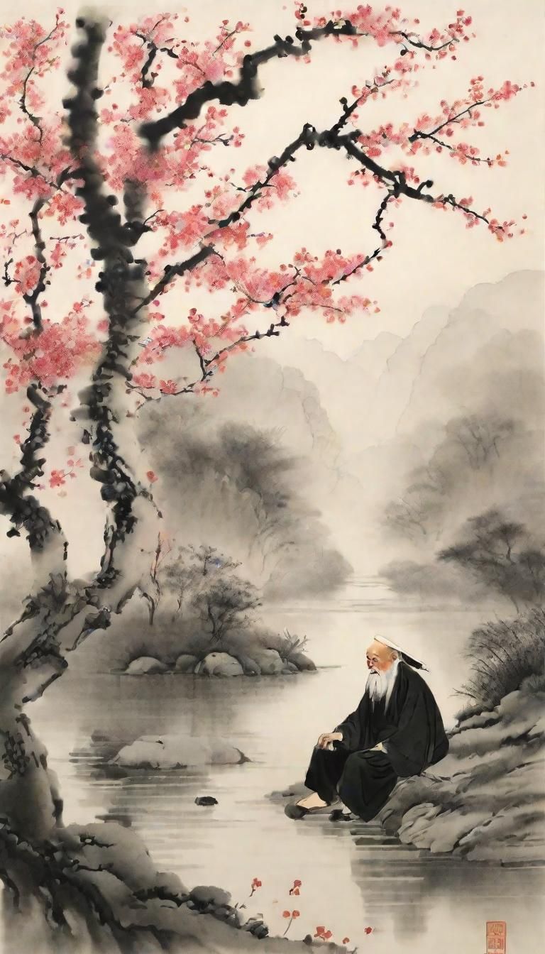 Chinese Ink Painting: Man Resting Under Cherry Trees