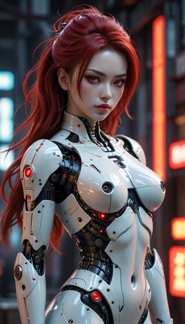 Frightening Gynoid Cyborg with Cyberpunk Cityscape