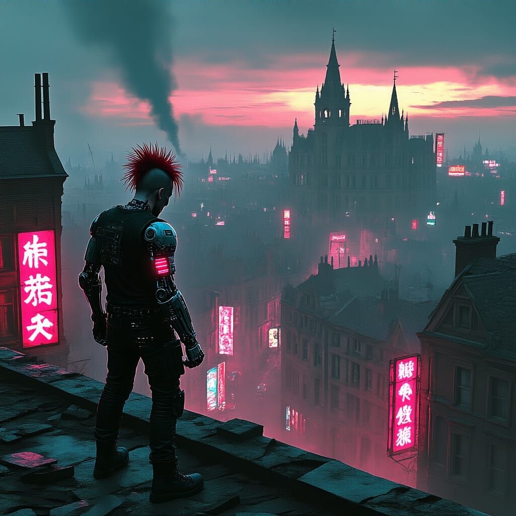 Cyberpunk Punk Rocker in Dystopian Cityscape