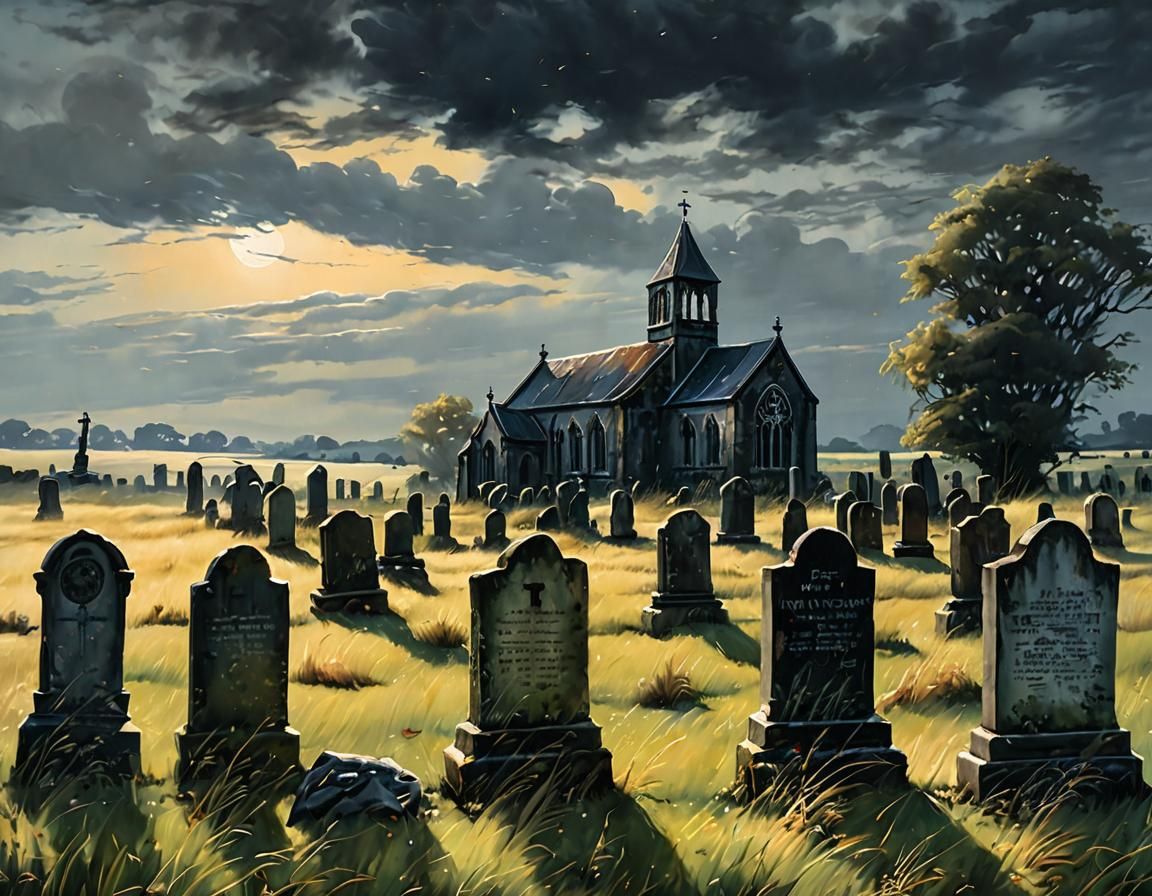 Forgotten Gravestones Silhouetted in Moody Oil Painting