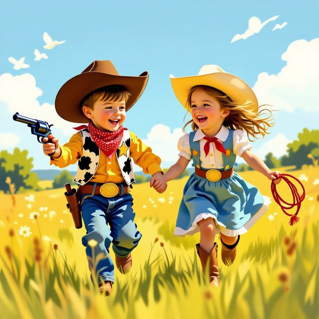 Children Play in Sunny Field: Cowboy and Cowgirl Fun