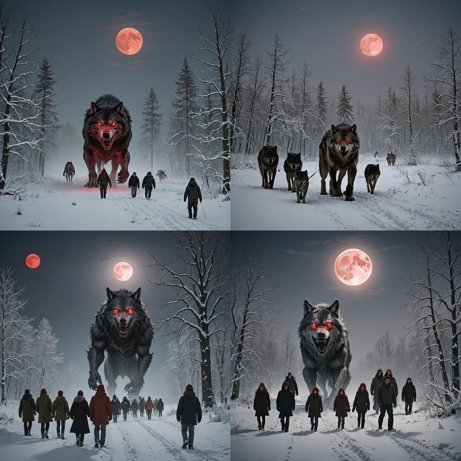 Monster in Snowy Field Under Full Moon