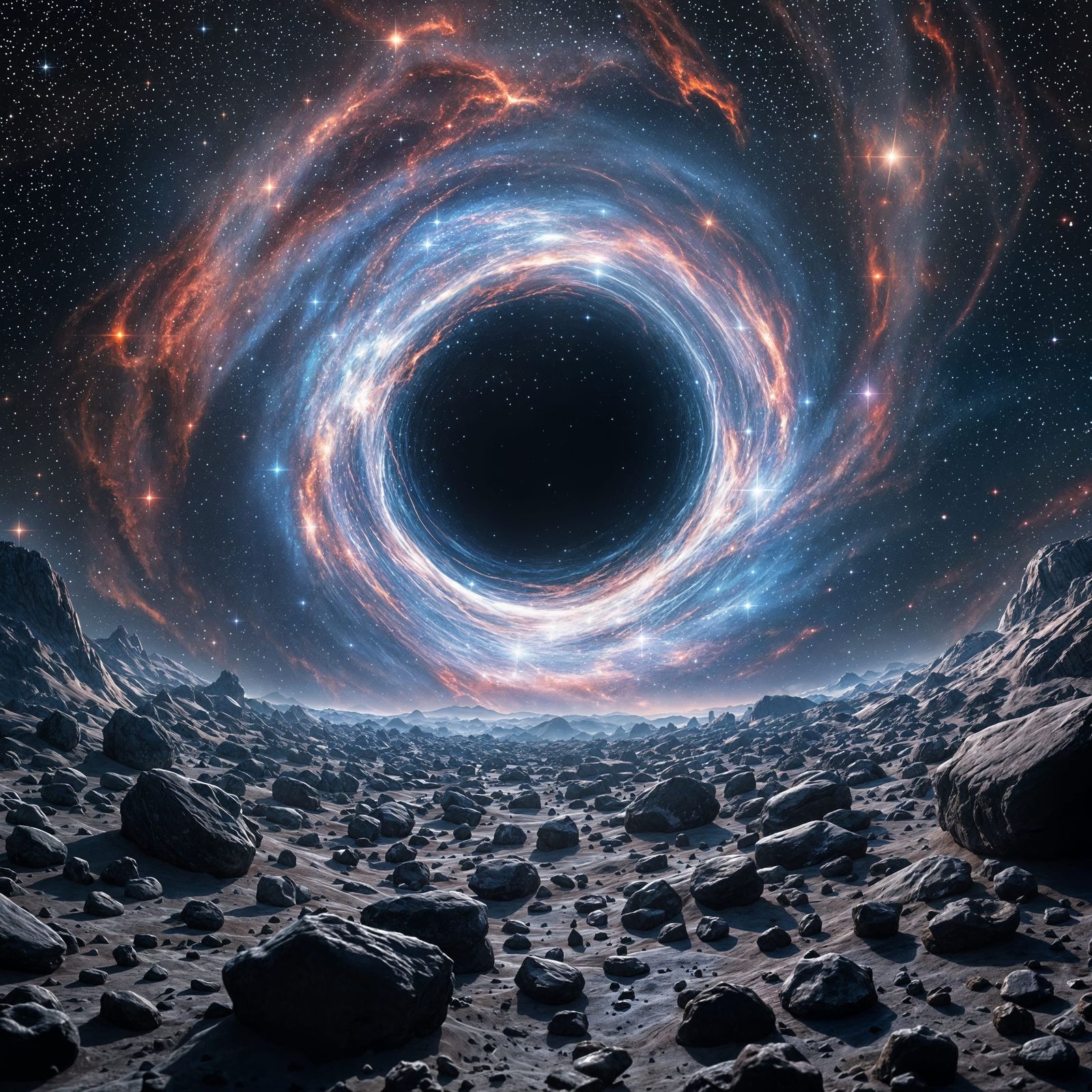 Epic Sci-Fi Scene with Asteroid Field and Black Hole