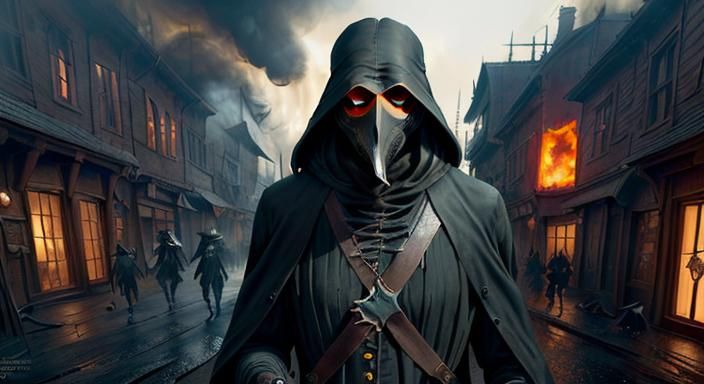 Plague Doctor in Dying Village: Hyperdetailed Concept Art