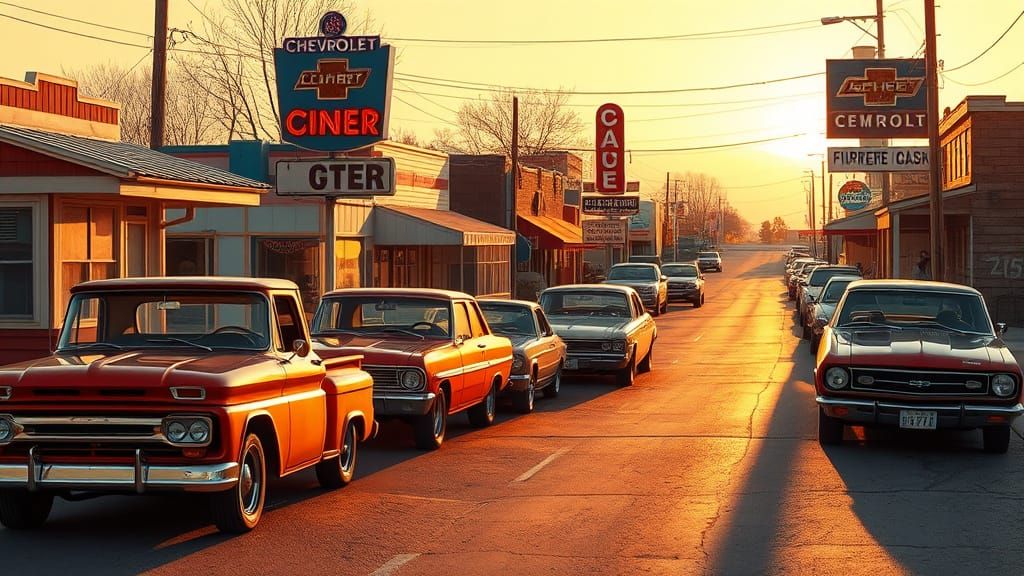 Vintage Americana Scene with Classic Chevrolet Vehicles