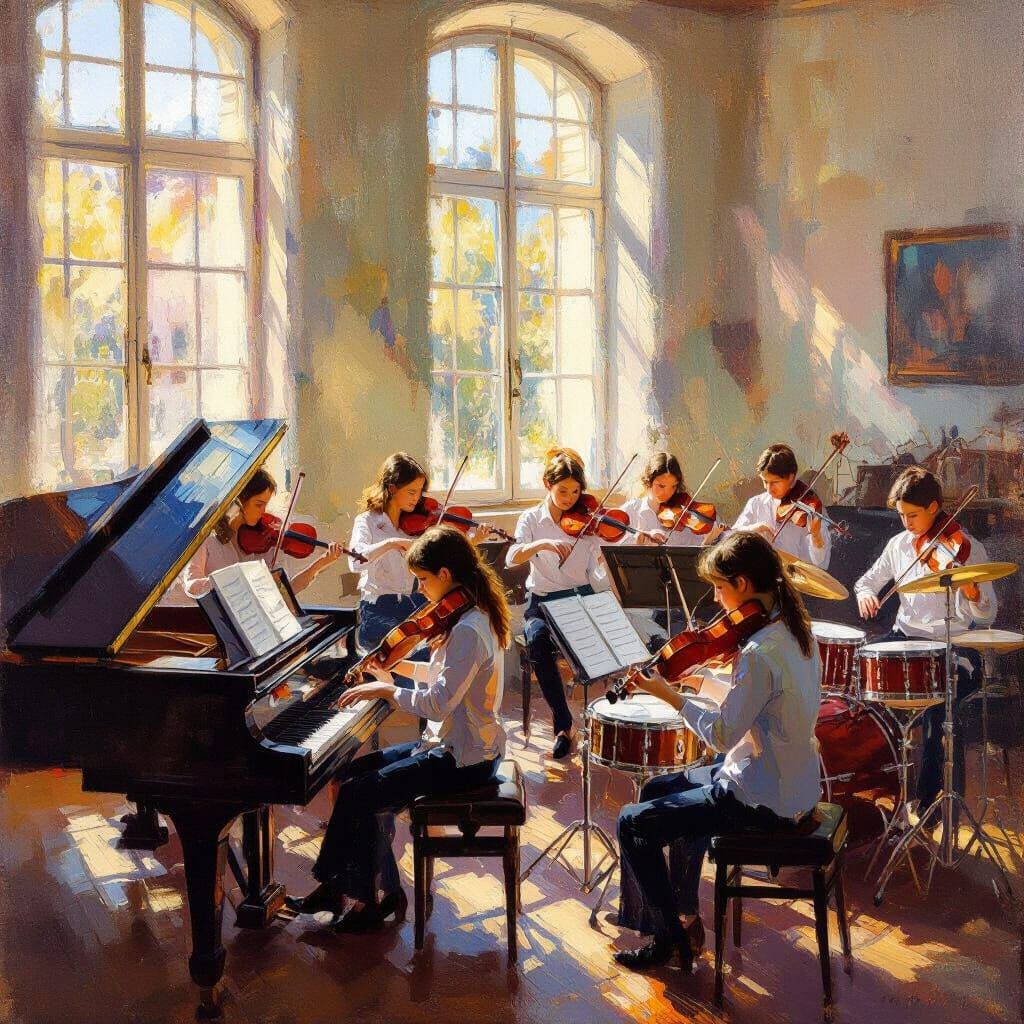 Vibrant Music Class Impressionistic Oil Painting