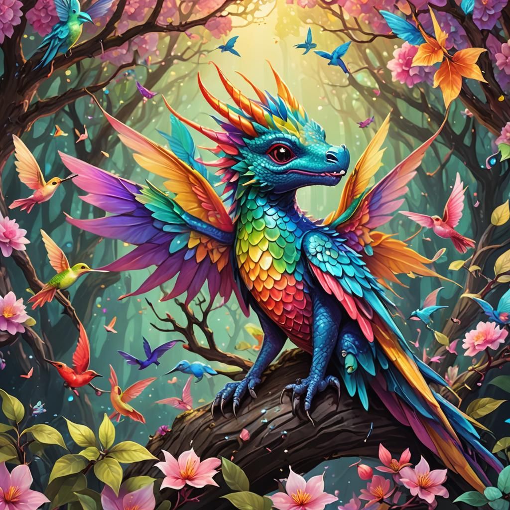 Rainbow Dragon in Bioluminescent Cherry Tree Forest