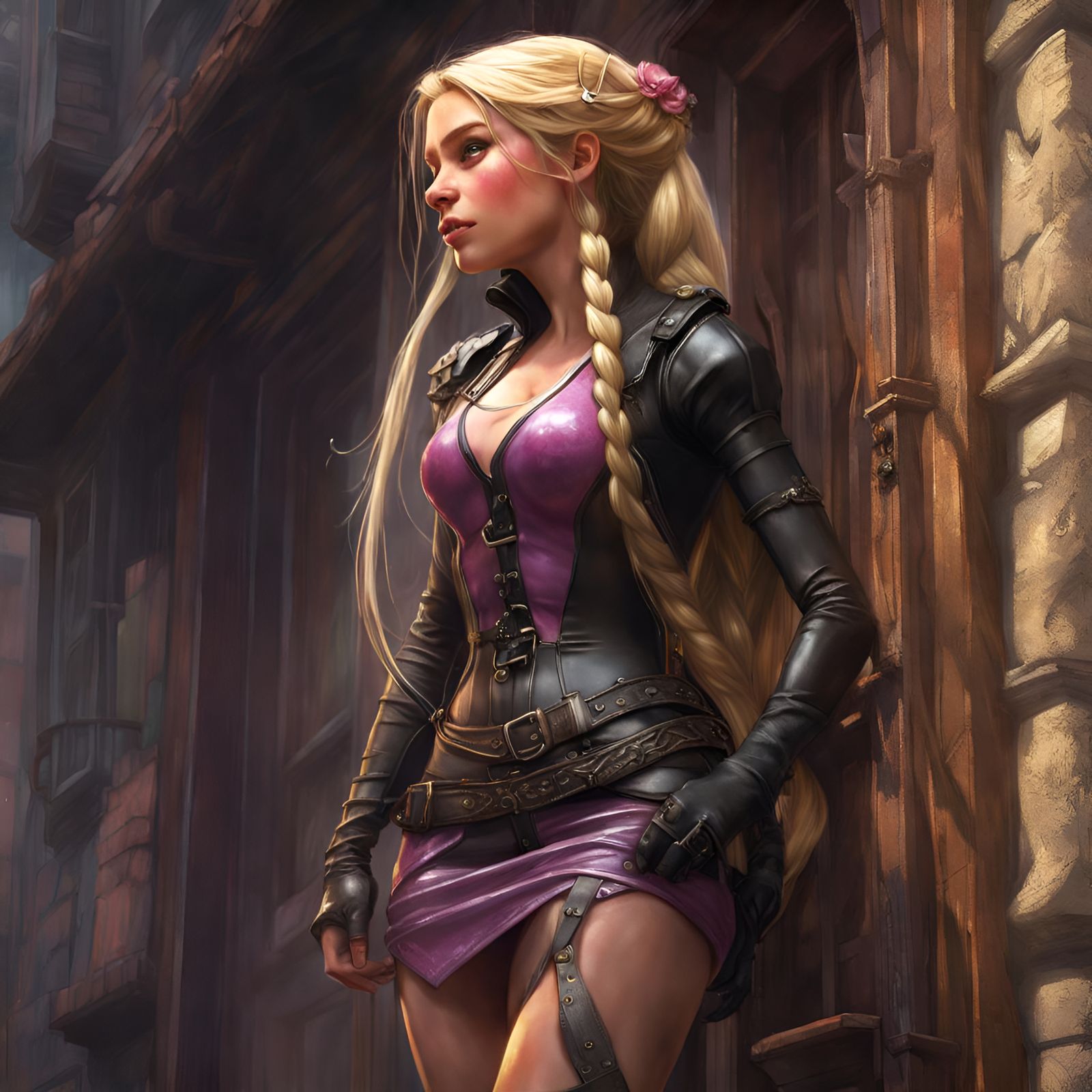 Flirty Rapunzel in Latex, Hyperdetailed Fantasy Art