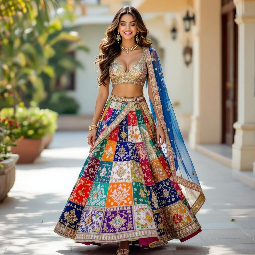 Joyful South Indian Woman in Vibrant Lehenga in Urban Settin...