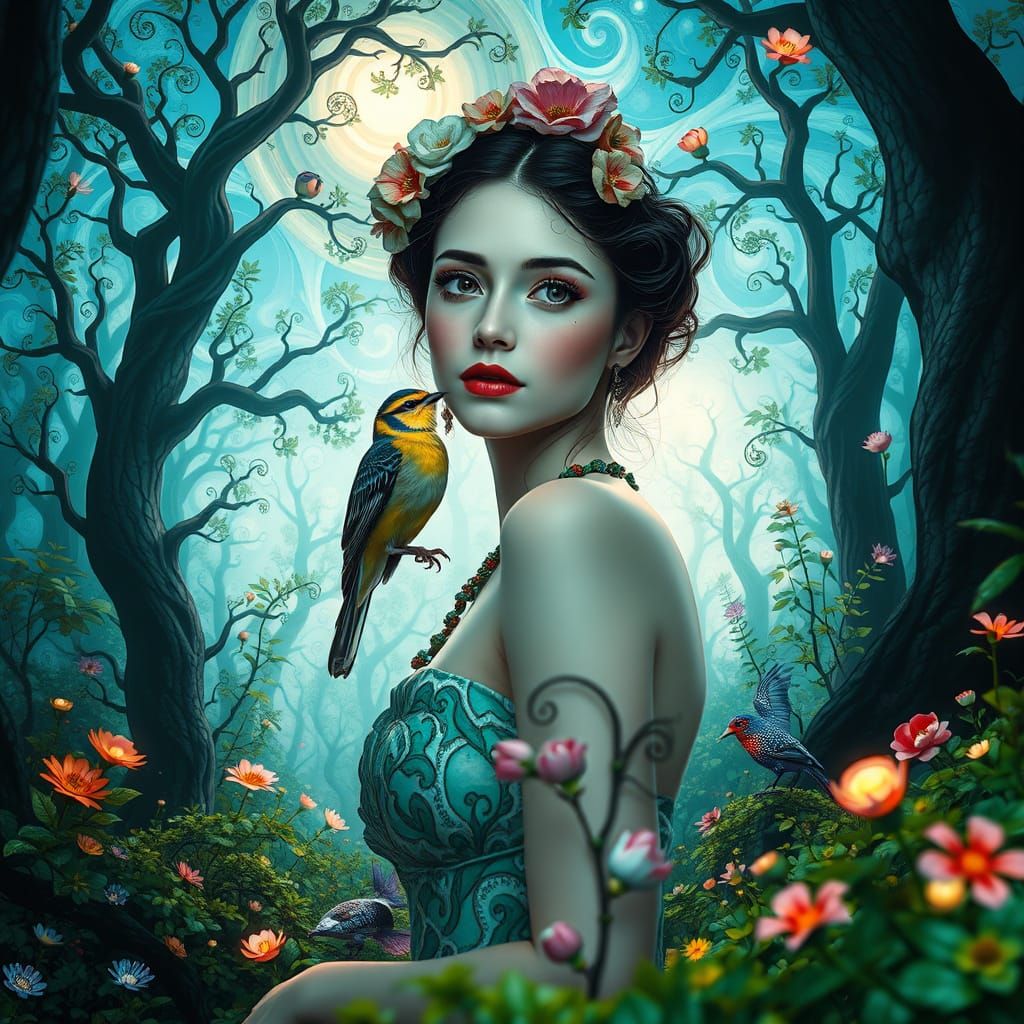 Porcelain Woman in Forest, Klimt-Inspired Surrealism