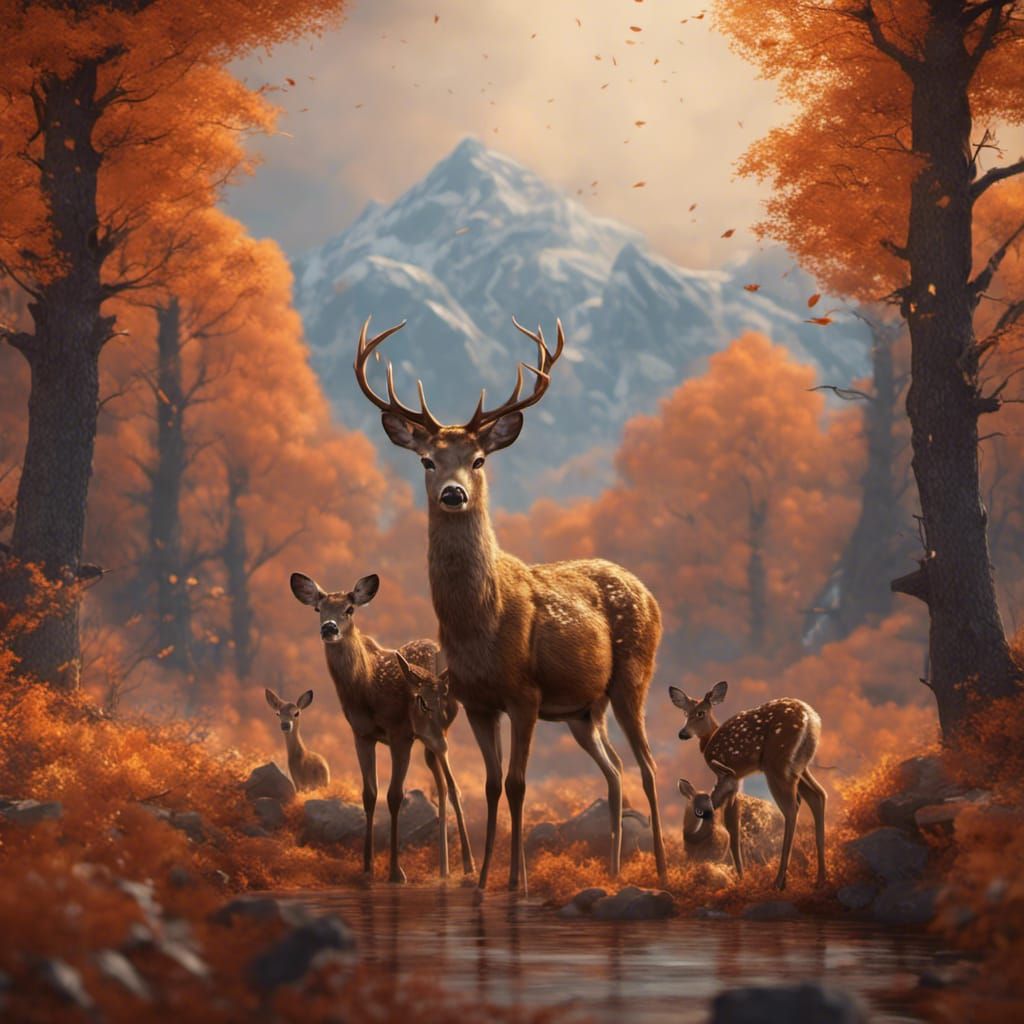 Deer Family in Autumn Forest, Detailed Matte Painting