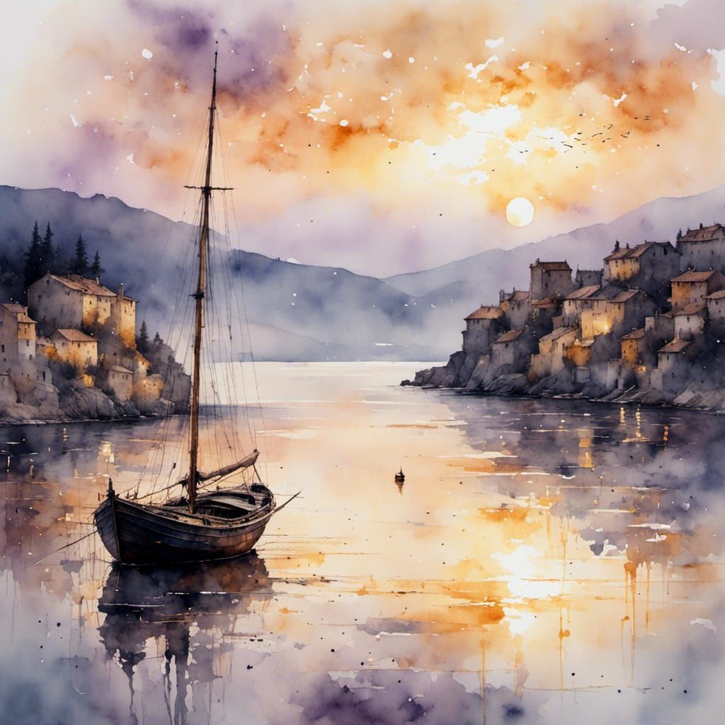Dawn Seascape with Sailing Boat in Watercolor Style