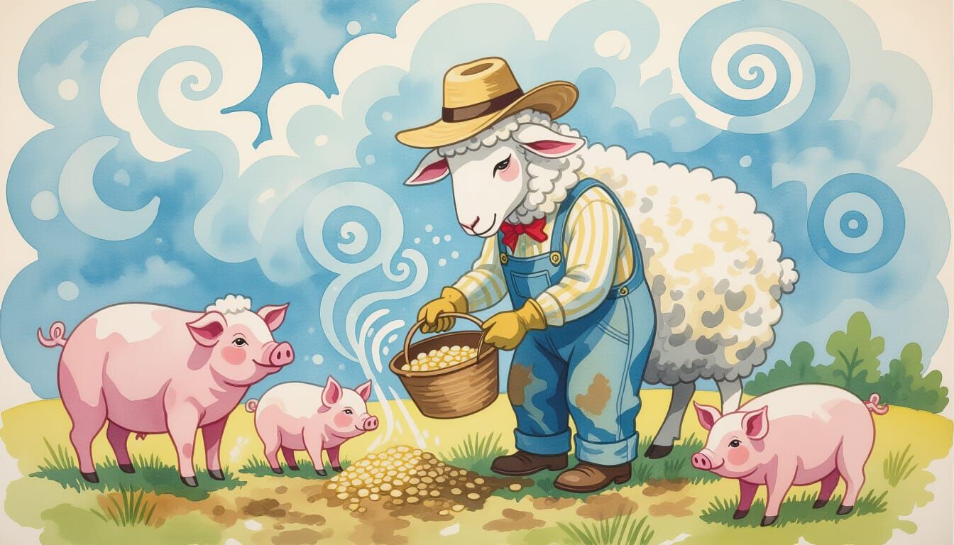 Anthropomorphic Sheep Farmer Watercolor Painting