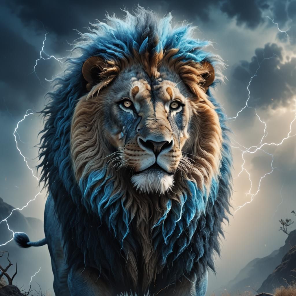 Electric Blue Lion in Misty Savannah