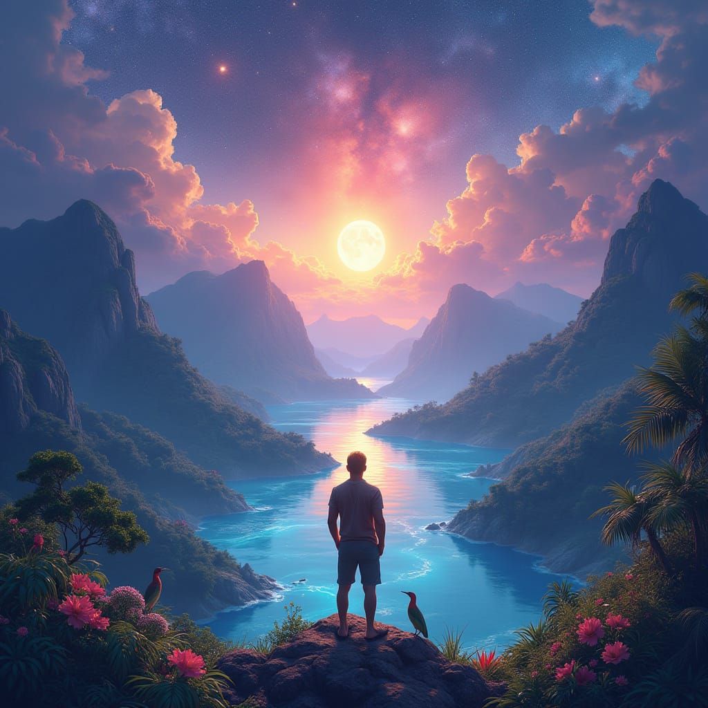 Man on Mountain Sees Illuminated World with Spherical Water