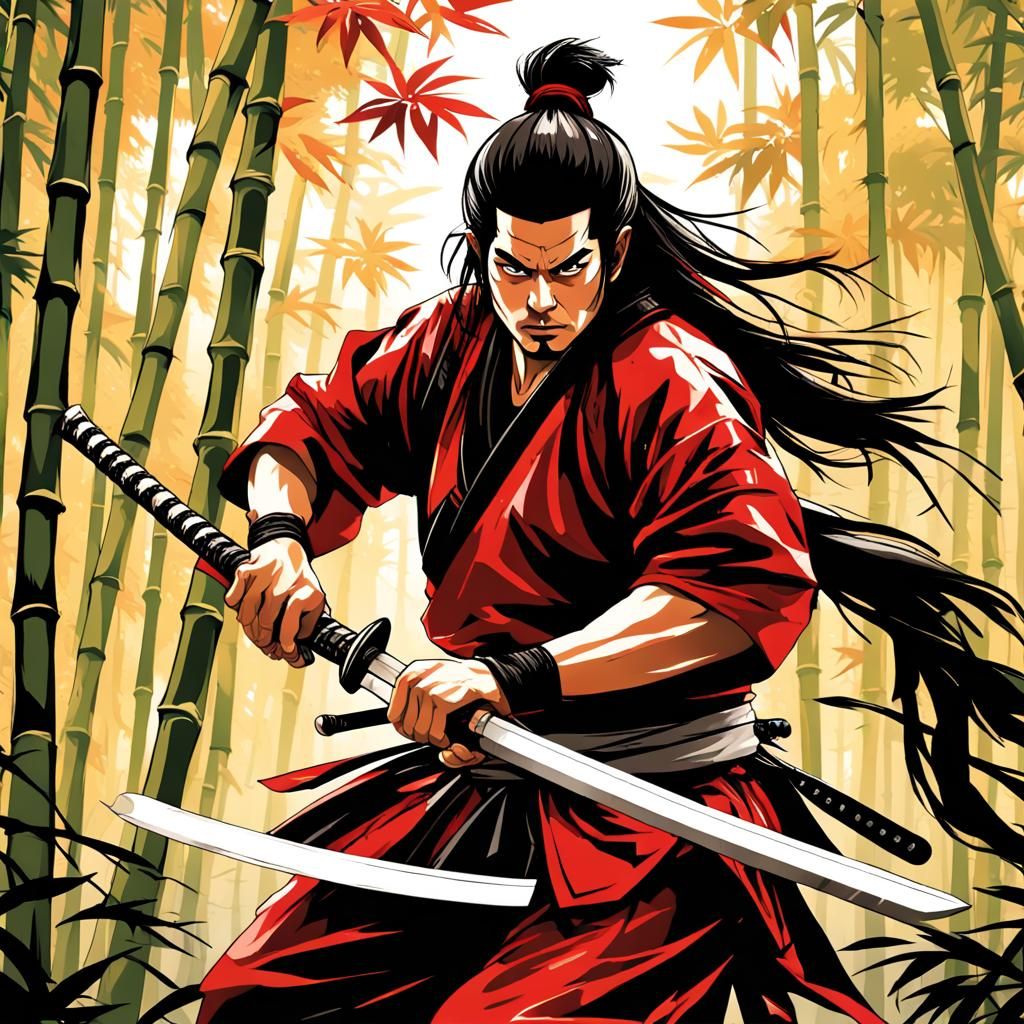 Samurai Warrior in Attack Stance, Anime Style