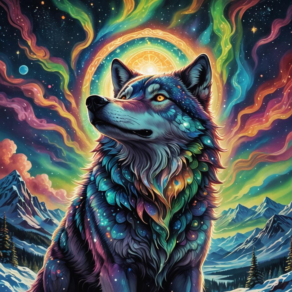 Wolf Gazing at Aurora Borealis in Folk Art Style