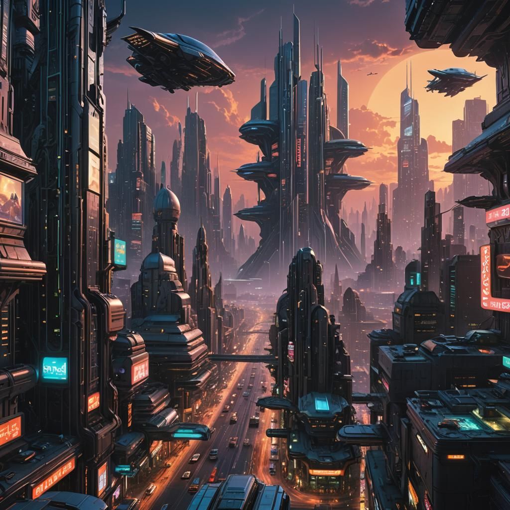 Futuristic Cityscape at Sunset in Sci-Fi Style